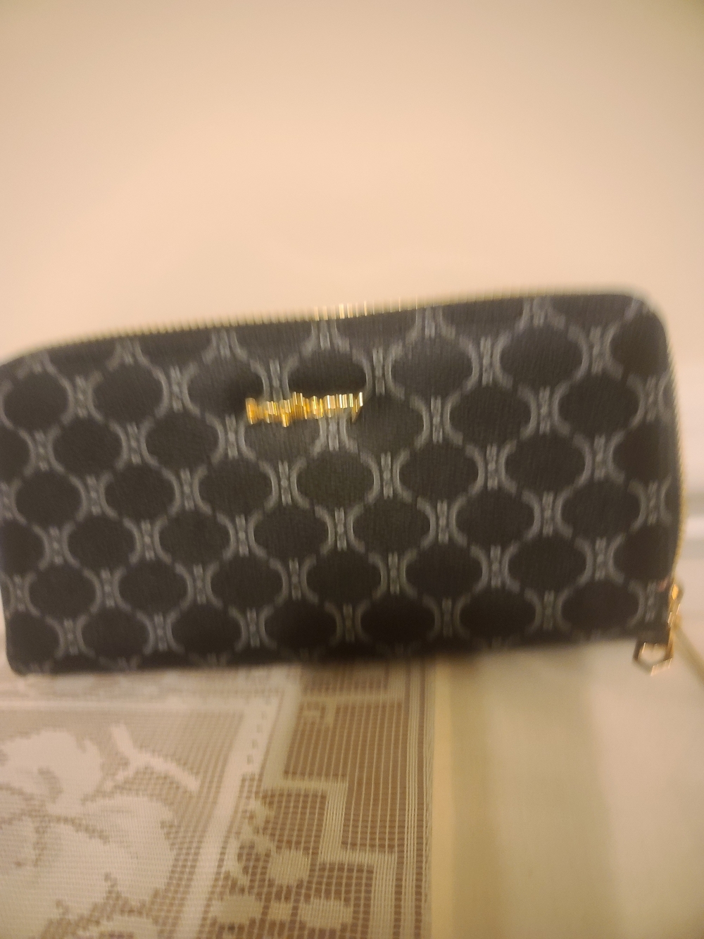 Black Patterned Zip Wallet with Gold Logo